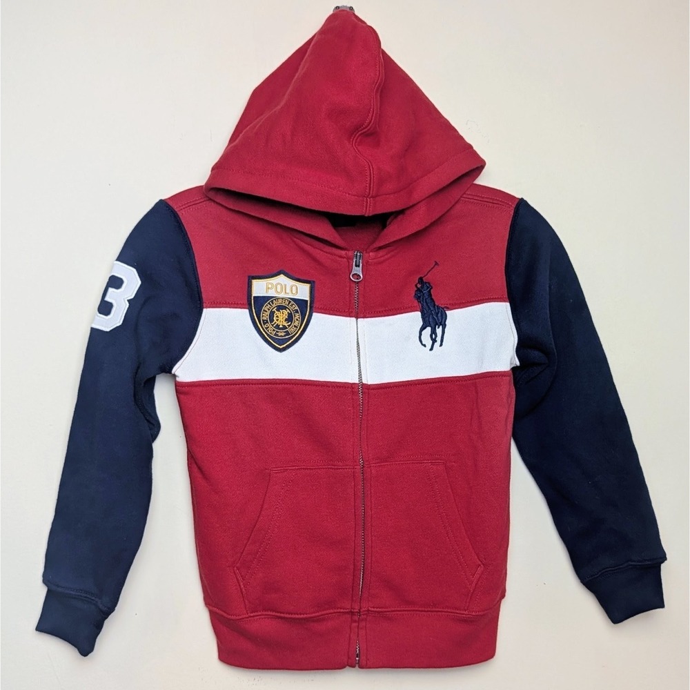 Polo Ralph Lauren Big Pony Logo Patch Fleece Full Zip Hoodie Jacket Boys Size 6